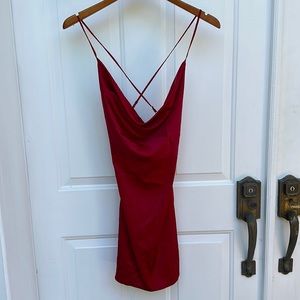 Red satin midi cowl neck dress